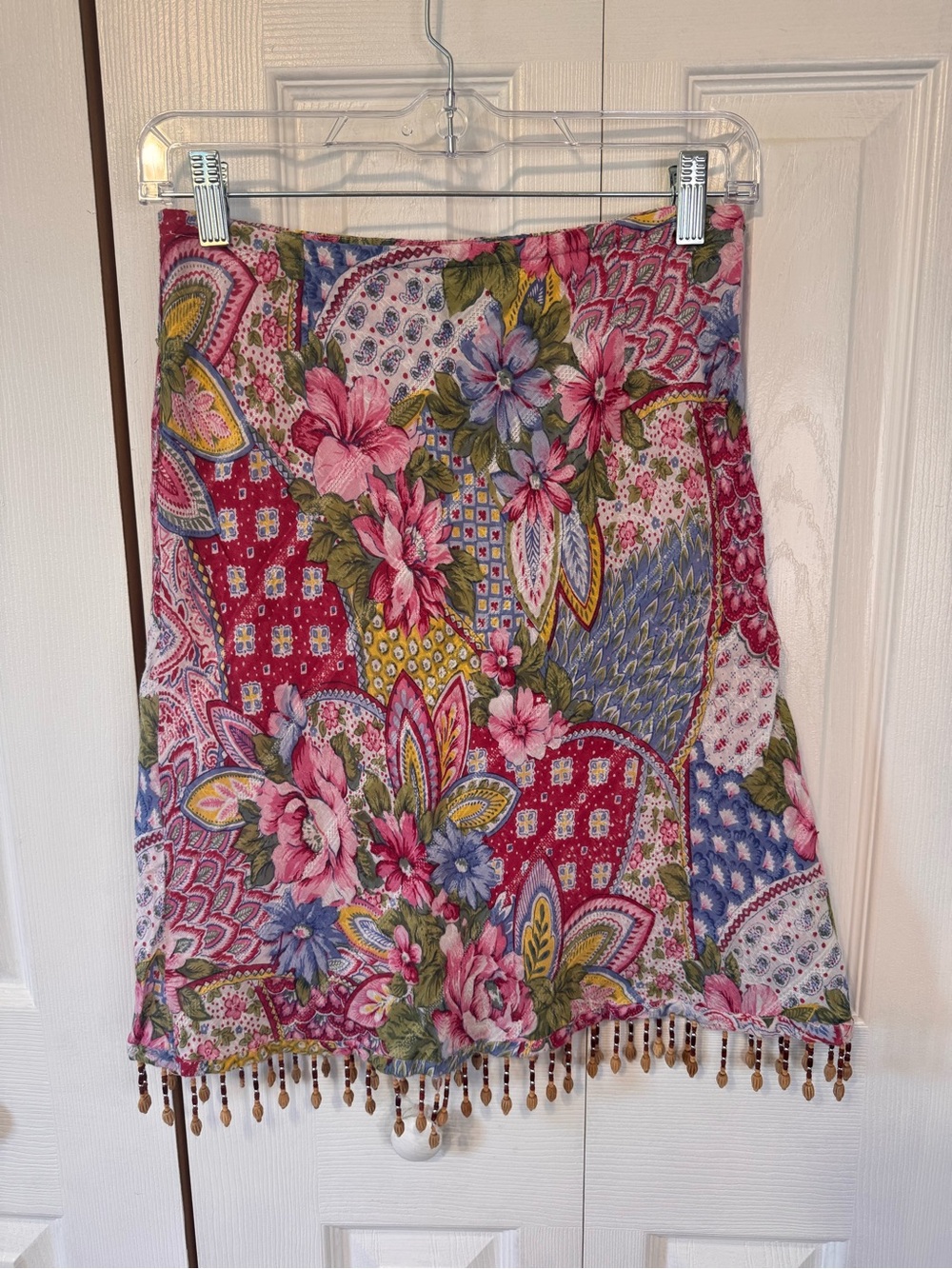 Boston Proper Boho Floral Patchwork Skirt Beaded Fringe Size XS Side Zipper - Picture 2 of 10